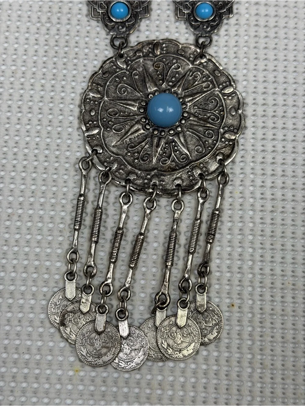 Faux Turquoise Silver-Tone Boho Medallion Native American inspired Bold Necklace